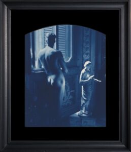 Nude figure beside statue in dim light.