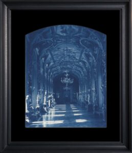 Ornate hallway with chandeliers in blue tint.
