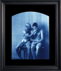 Two people sitting together, blue tint.
