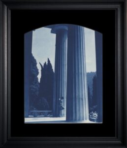 Blue-toned pillars and trees in frame.